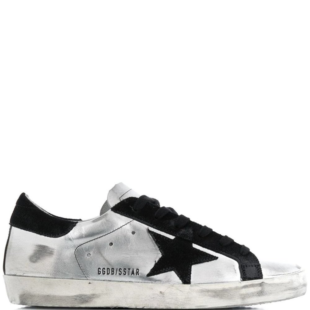 Golden Goose Superstar distressed metallic leather and suede sneakers, 10